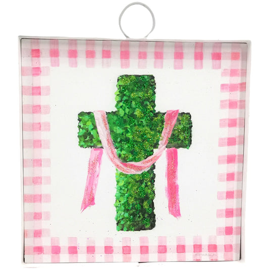 Round Top Print Mini Pink Boxwood Cross