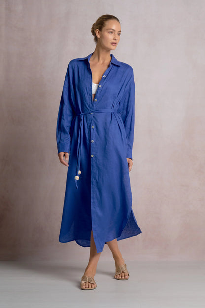 blue button down dress with tie waist