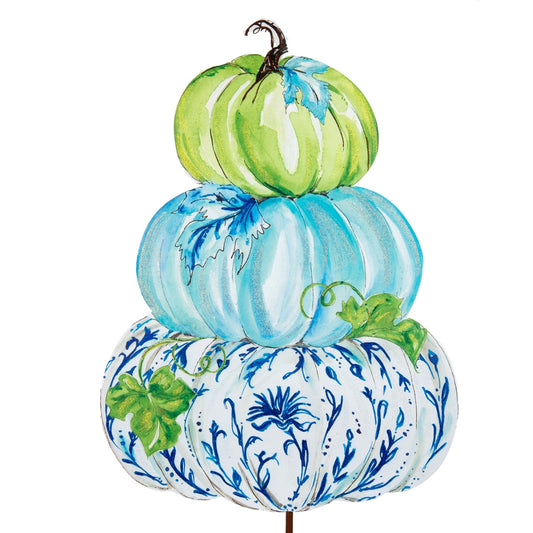 Stake Pumpkin Stack Blue Round Top Collection. Blue Chinoiserie Teal and Green Pumpkin 