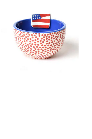 red polka dot bowl with blue inside and american flag 