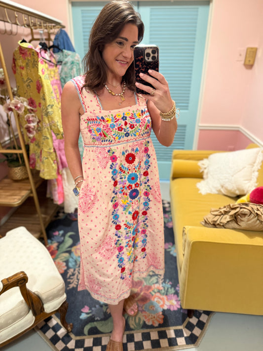 pink polka dot embroidered dress