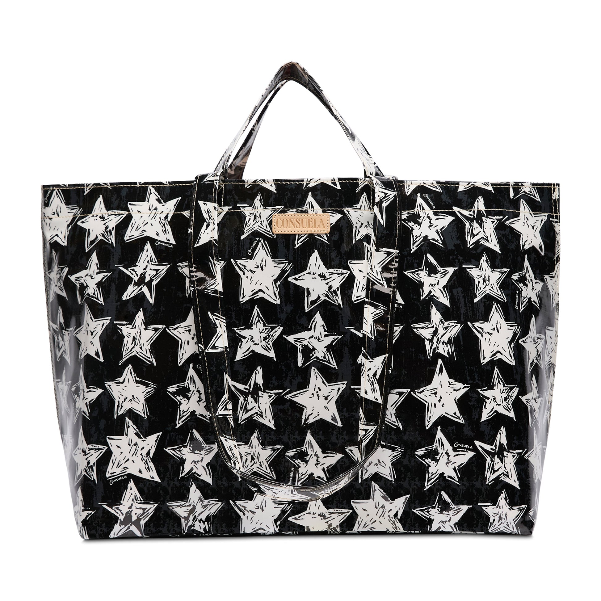 Madi Grab N Go Bag Consuela, Black Tote bag with white stars, Large Oil Cloth Tote Bag