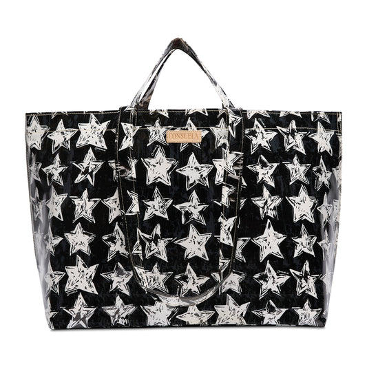 Madi Grab N Go Bag Consuela, Black Tote bag with white stars, Large Oil Cloth Tote Bag