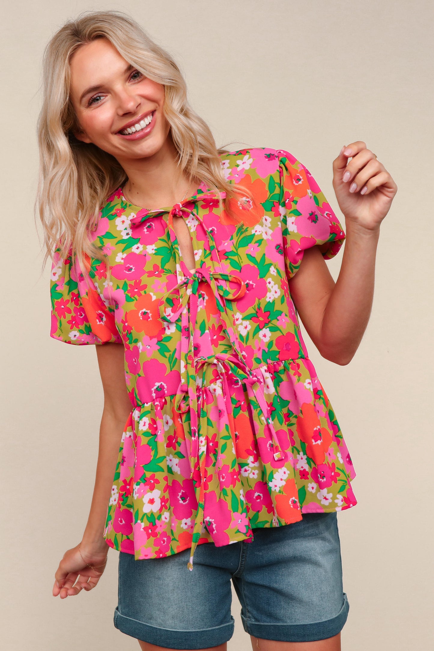 TOP Floral Woven Blouse W/ Front Ribbon Bow Tie Plus