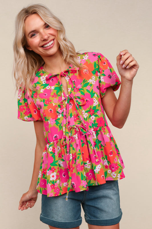 TOP Floral Woven Blouse W/ Front Ribbon Bow Tie Plus