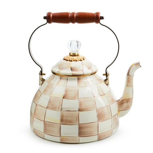 Mackenzie Childs Mocha Check Whistling Tea Kettle 