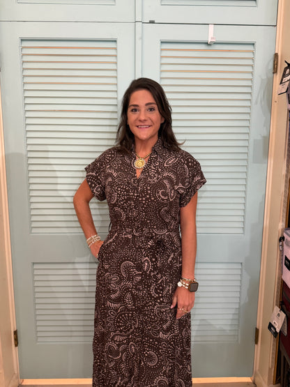 brown floral button down mid dress