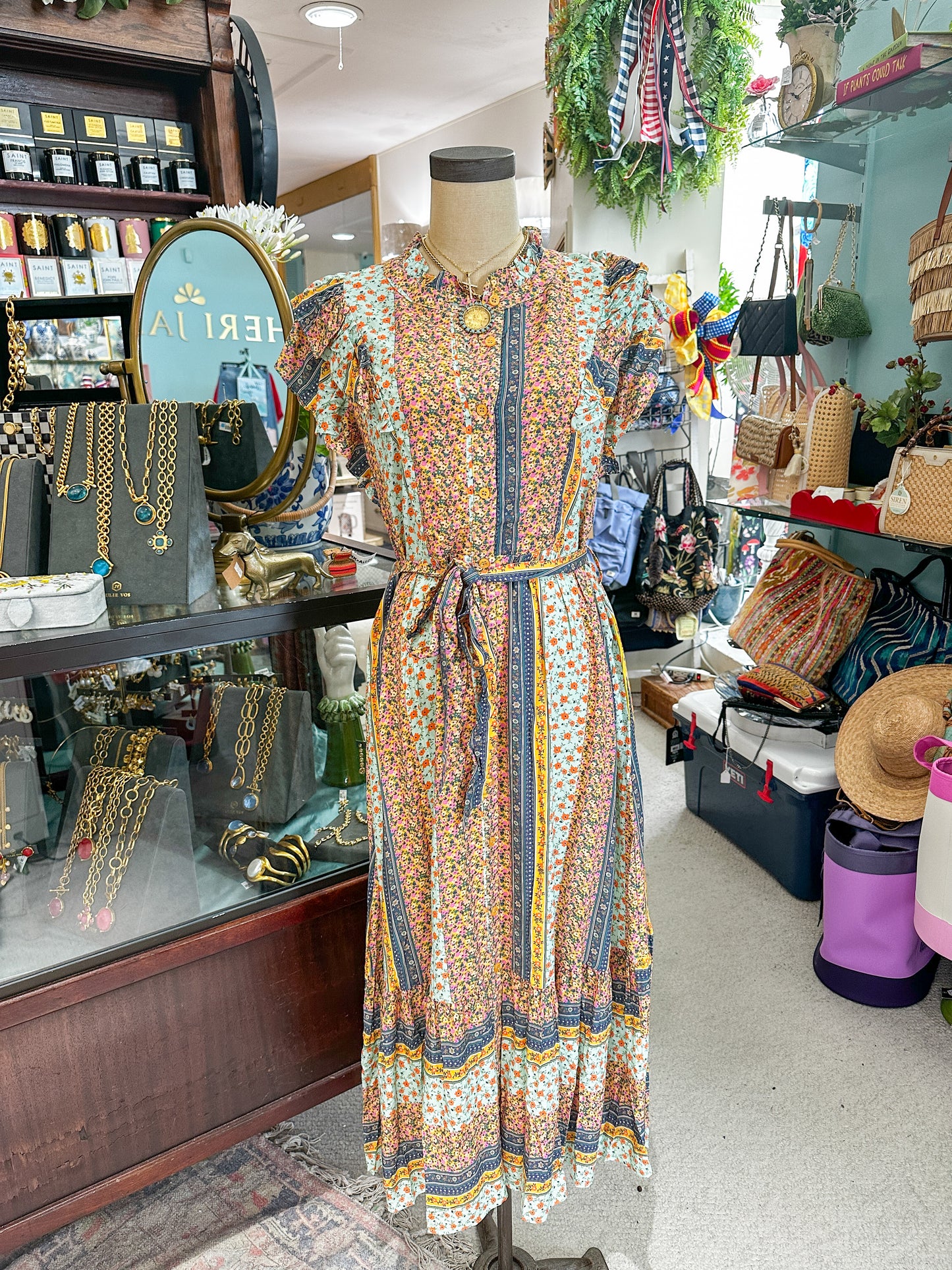 floral button down dress with tie 