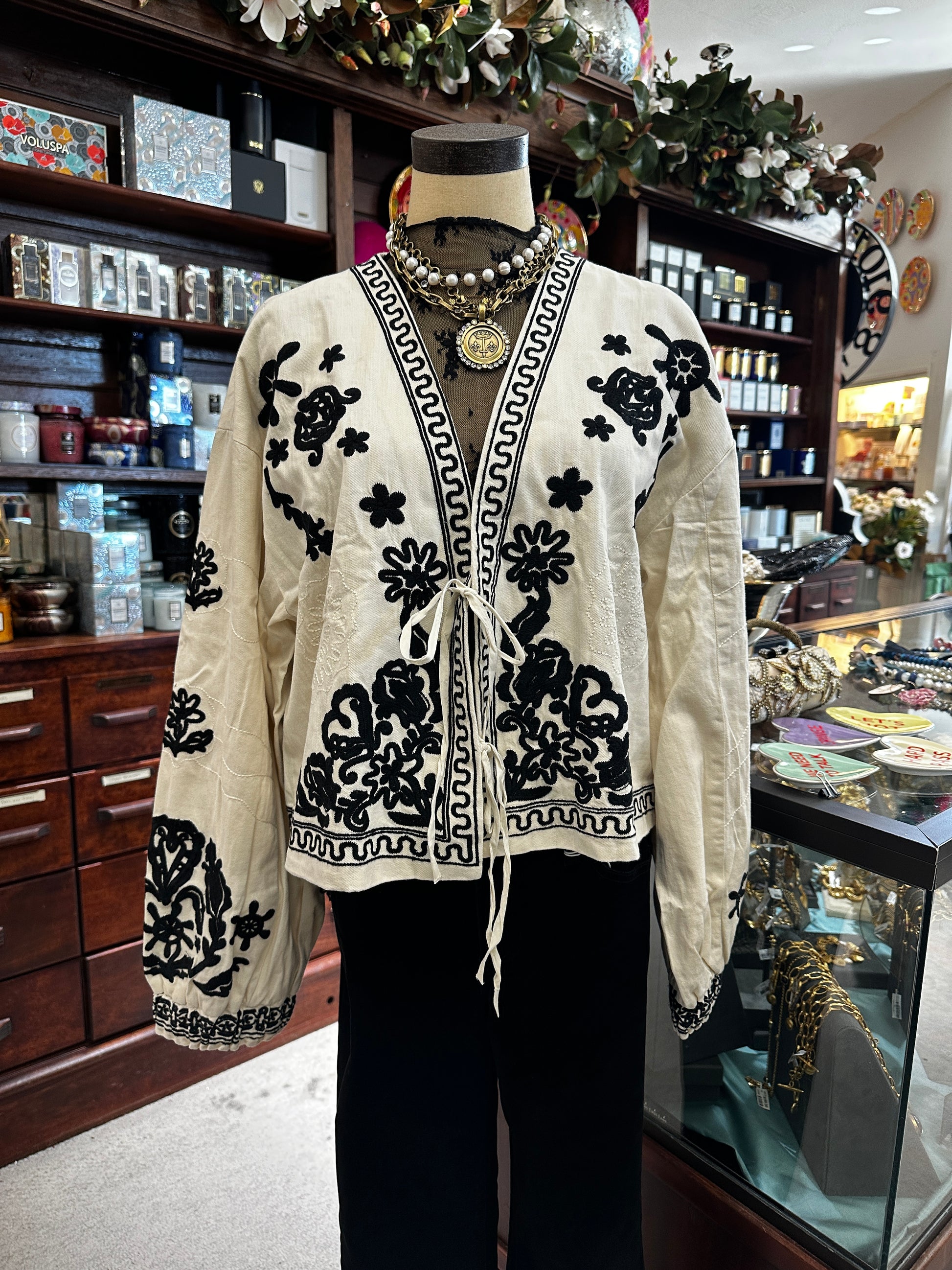 black and white embroidered tie front jacket 