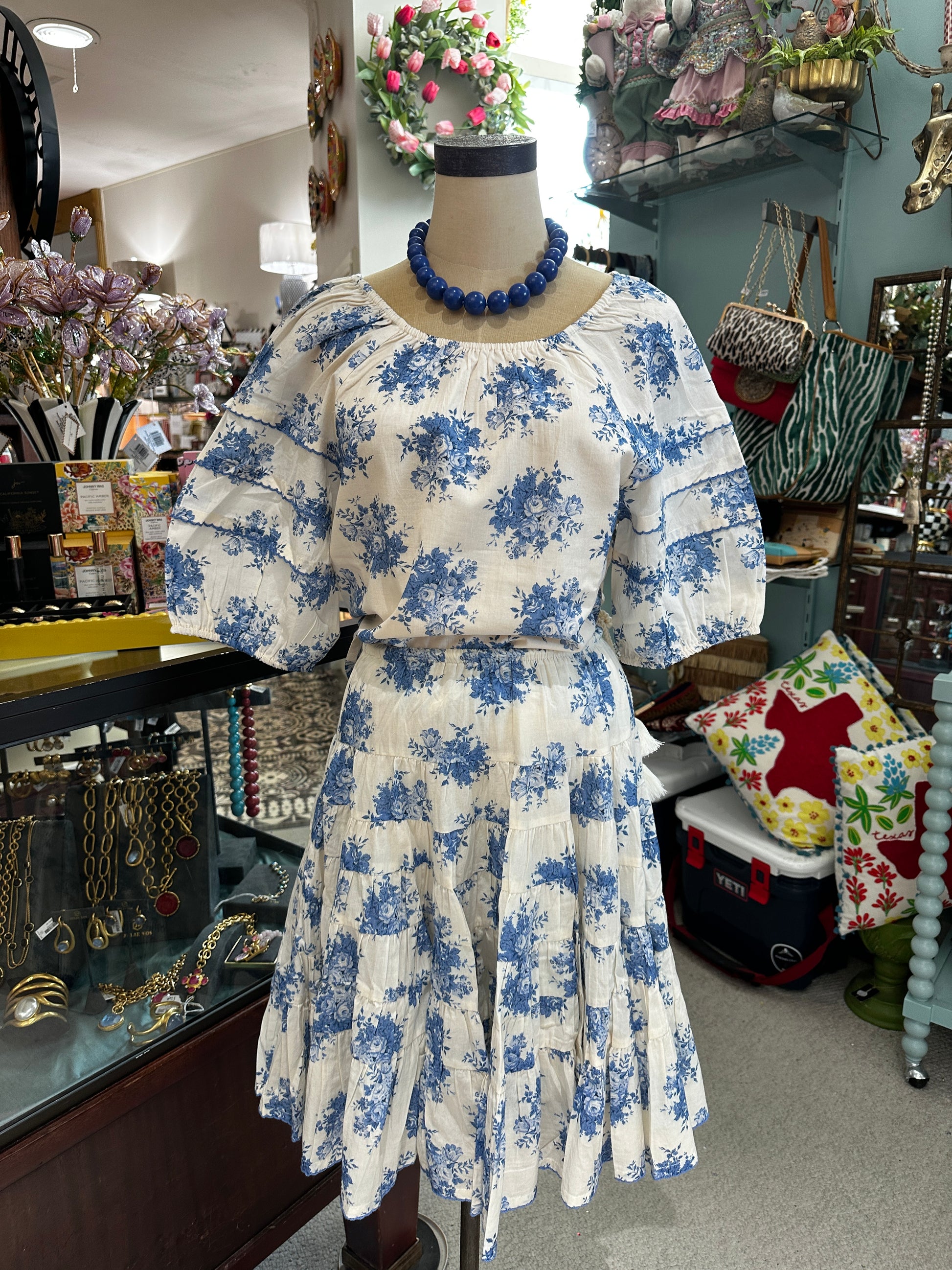blue and white floral skirt 