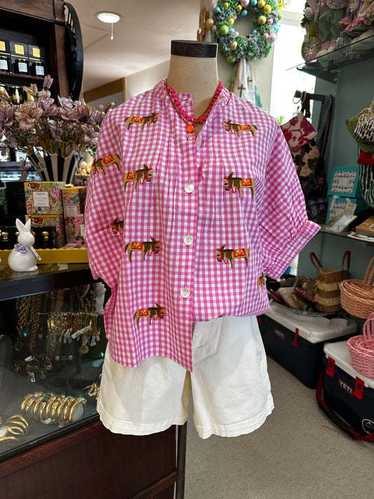 pink gingham top with embroidered donkeys 