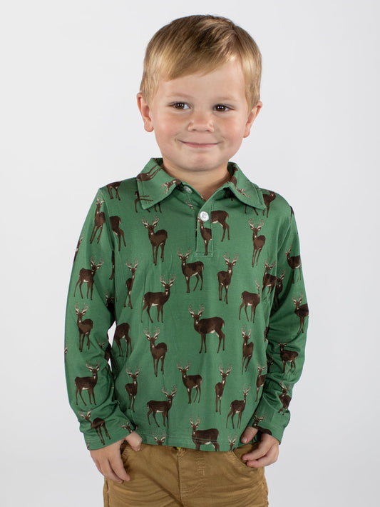 long sleeve green polo shirt for kids with deer 