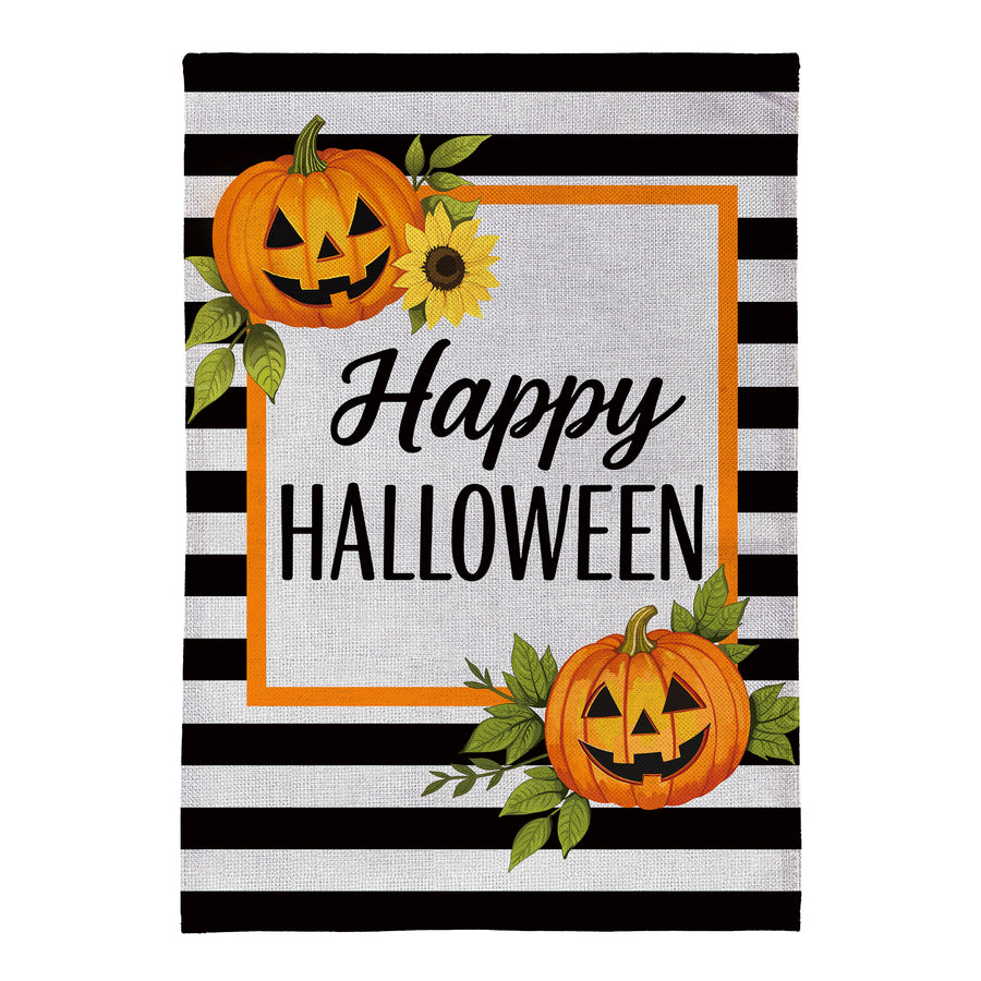 Evergreen Flag Happy Halloween Striped Jack O' Lanterns Burlap
