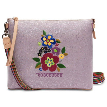Luna Downtown Crossbody Consuela, Purple shimmery Crossbody, Purple crossbody with embroidered flowers 