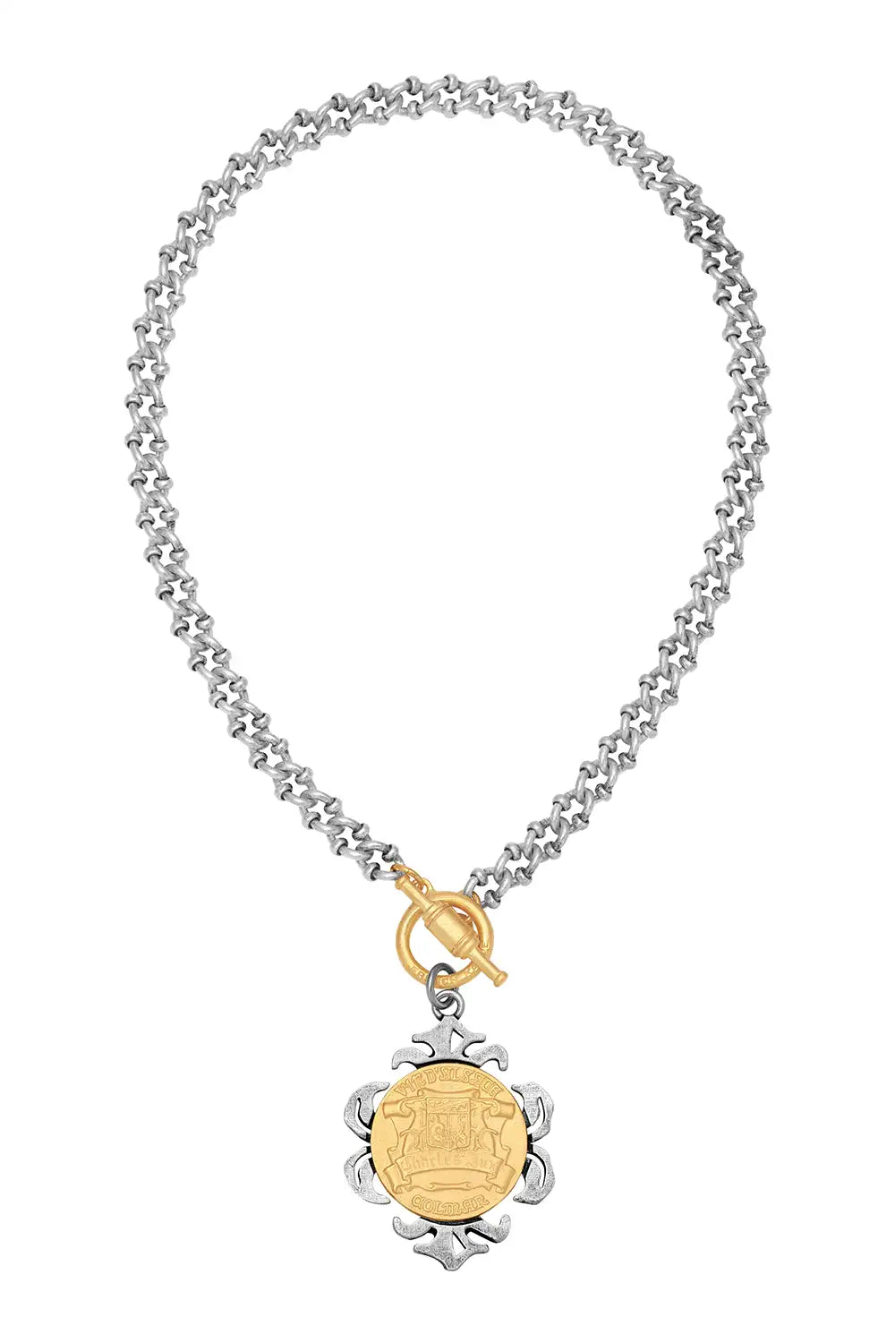 silver necklace with gold medallion 