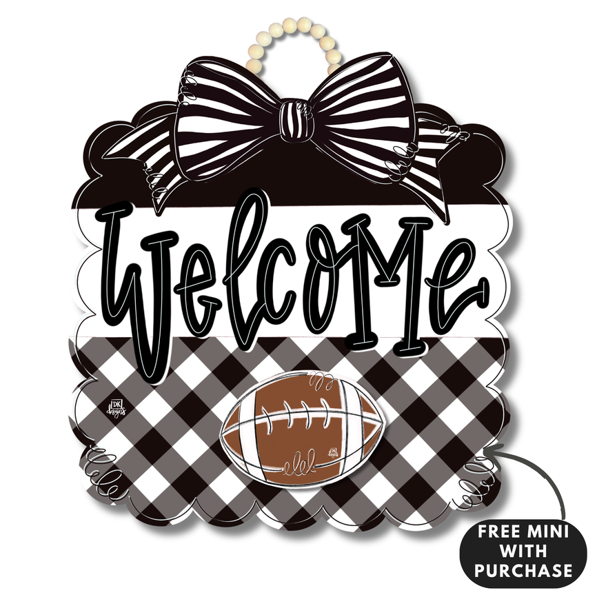 Door Hanger Welcome Black & White Football Scallop w/ Mini