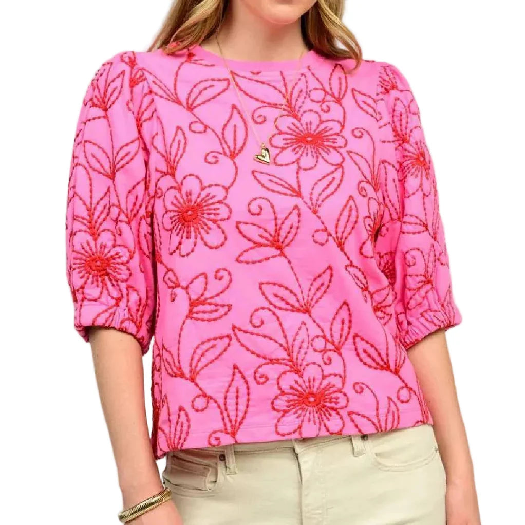 pink top with red floral embroidery 