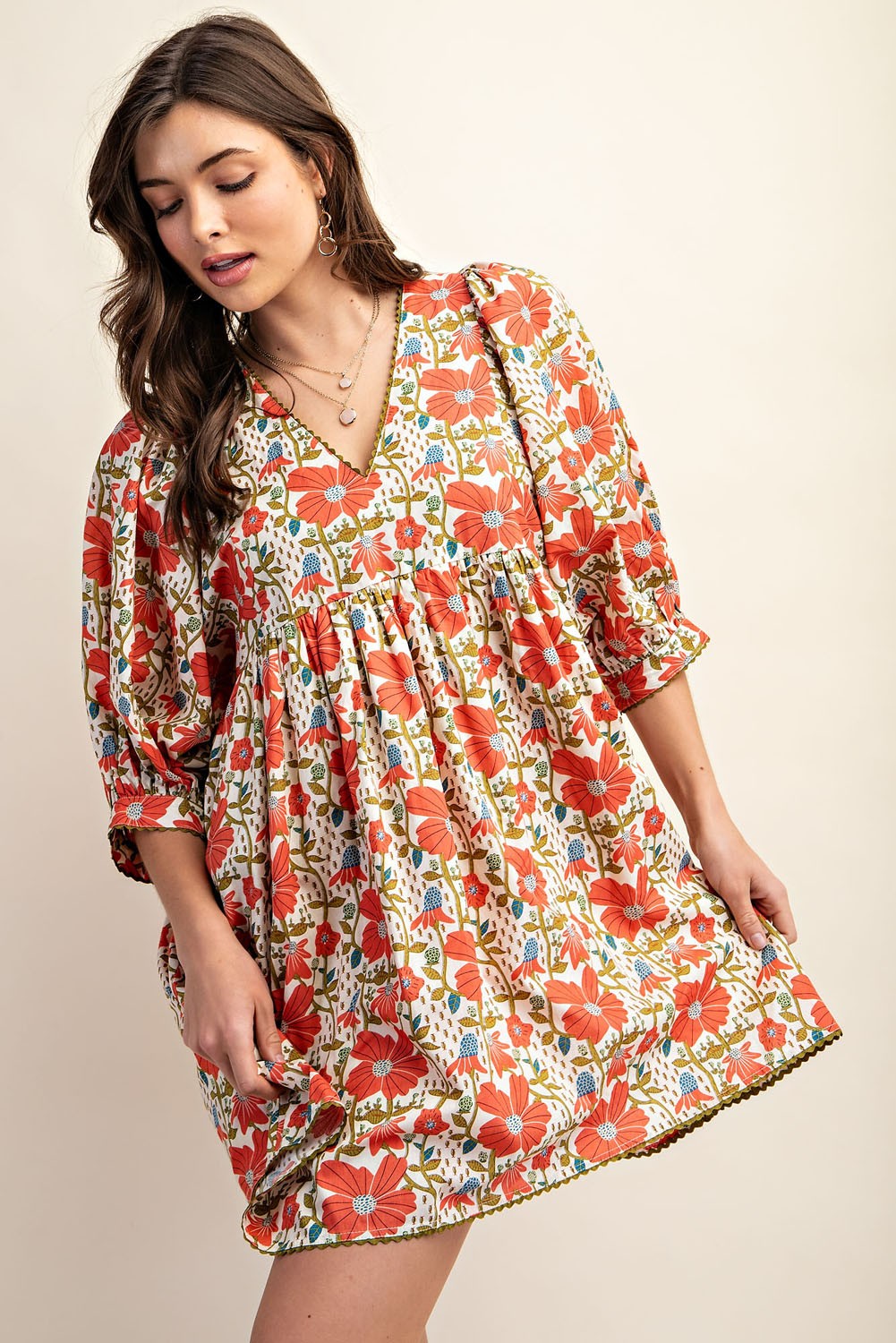 red floral dress with ric rac trim 