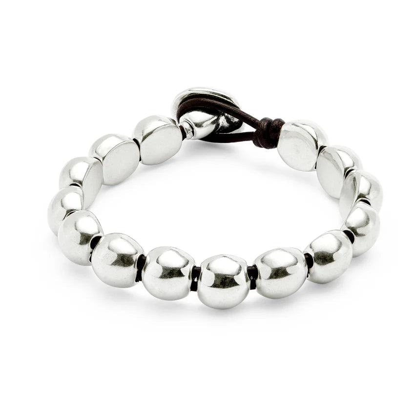 flat silver beaded bracelet with leather clasp 