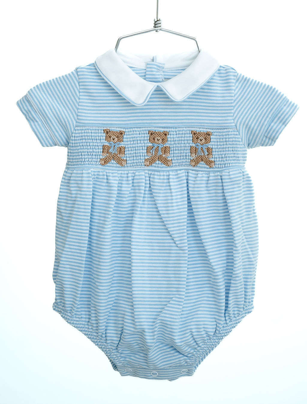 blue smocked gingham bear outfit for little boy or girl 