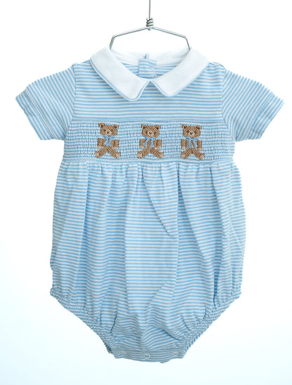 blue smocked gingham bear outfit for little boy or girl 