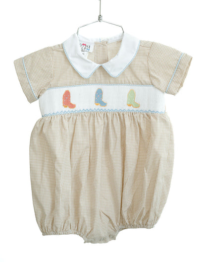 taupe smocked gingham bloomer set 