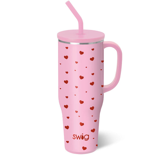 pink 40oz mug with metallic red hearts 