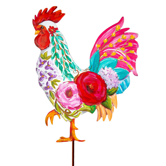 Round Top Stake Rooster of Flowers