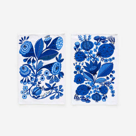 Dish Towel Blue & White Embroidered 2 Assorted