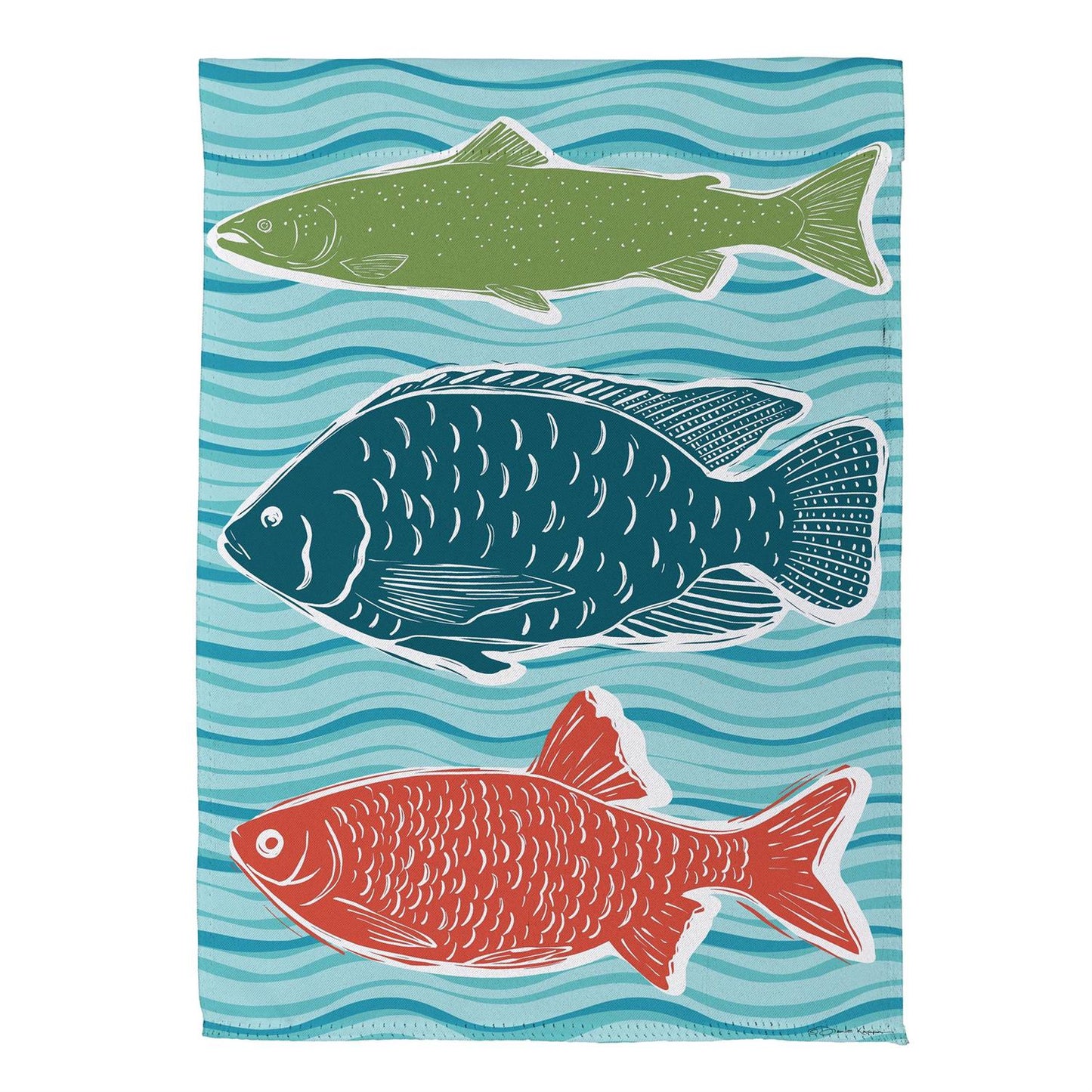 garden and large decorative flag with fish 