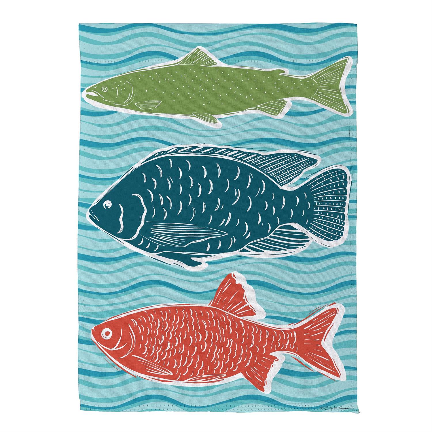garden and large decorative flag with fish 