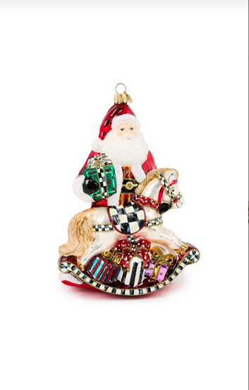 Ornament Glass Santa with Rocking Horse