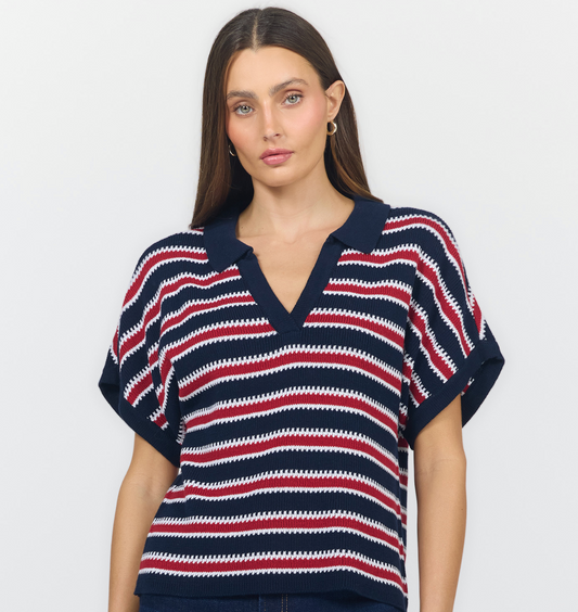 red and navy striped v neck top 