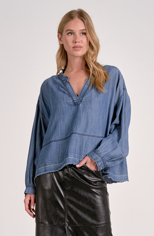 chambray denim v neck top with long sleeves frayed hem 