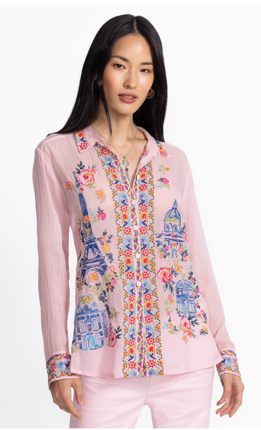 pink embroidered button down top 