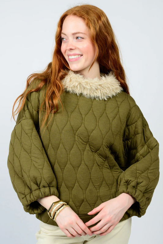 olive green pullover with fur collar 