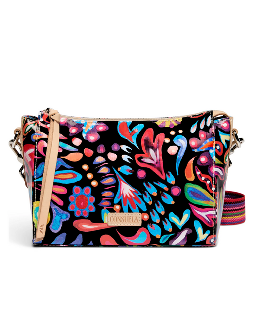 black crossbody with colorful pattern 
