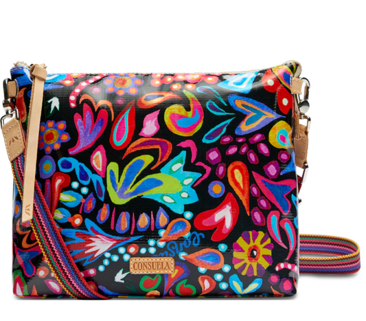 black crossbody with colorful print 