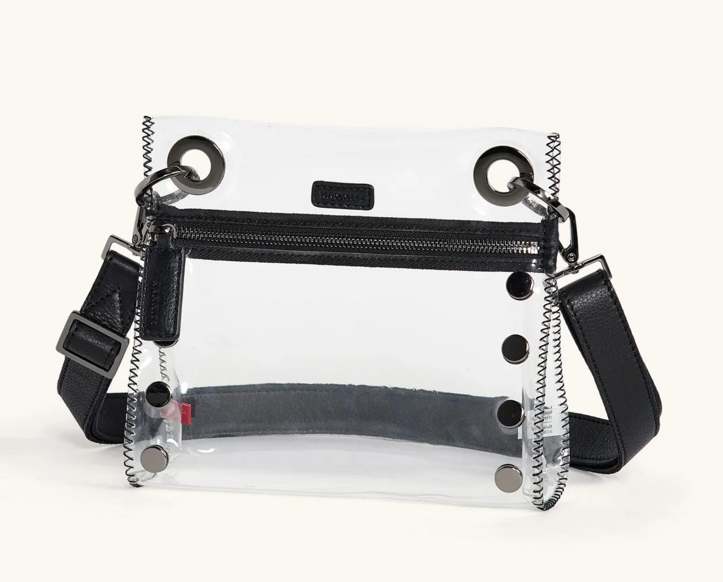 clear crossbody with black zipper and gunmetal hardware 