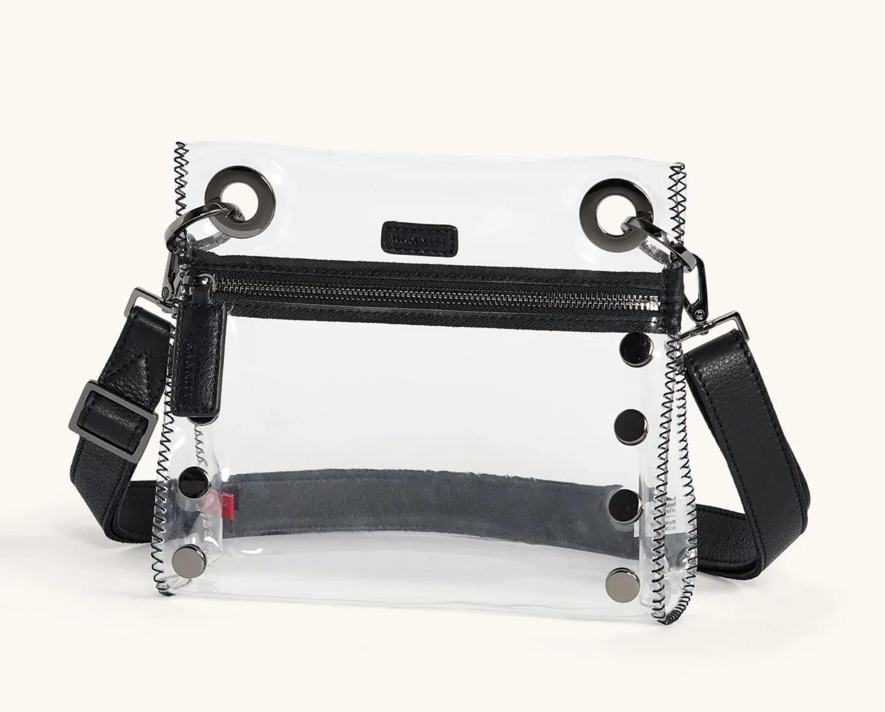clear crossbody with black zipper and gunmetal hardware 