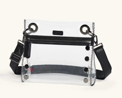 clear crossbody with black zipper and gunmetal hardware 