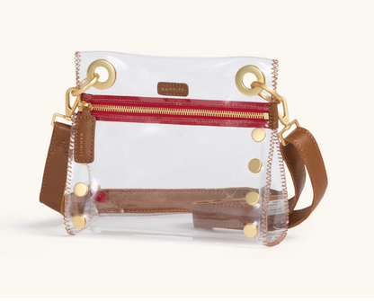 clear bag with red zipper and brown leather strap