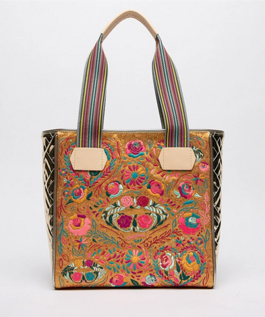 bronze embroidered detail tote 