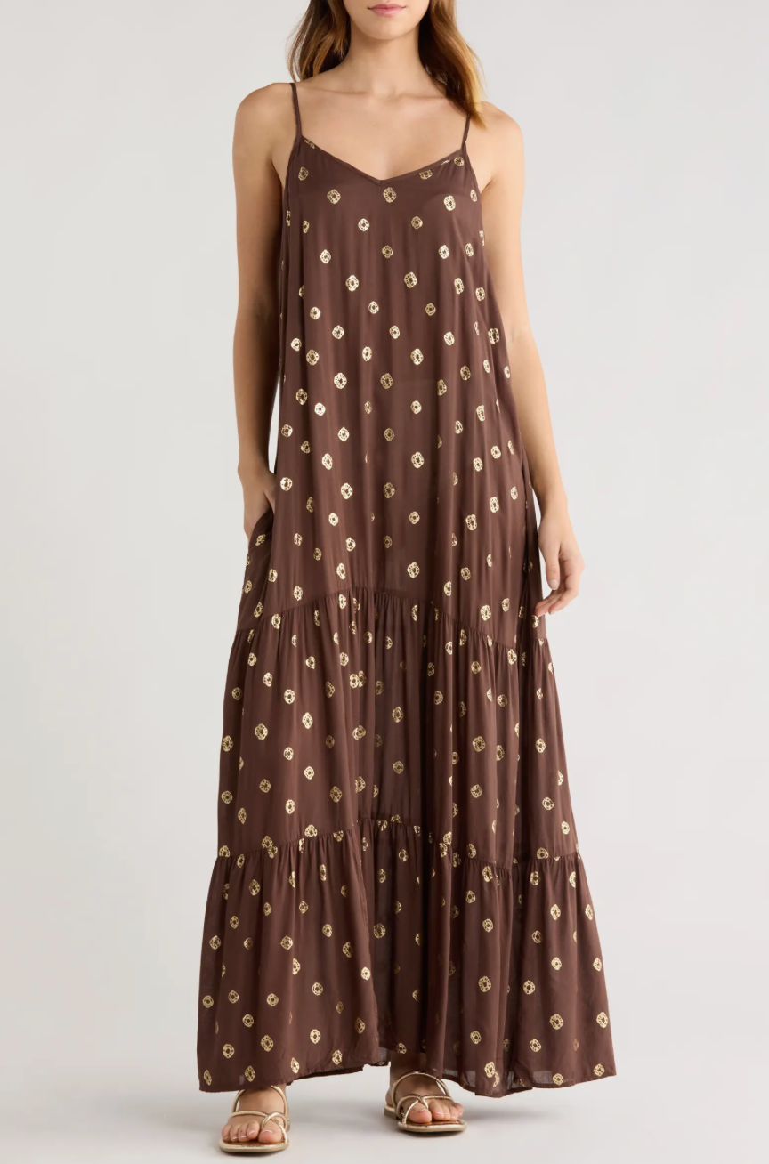brown spaghetti strap maxi with gold dots 
