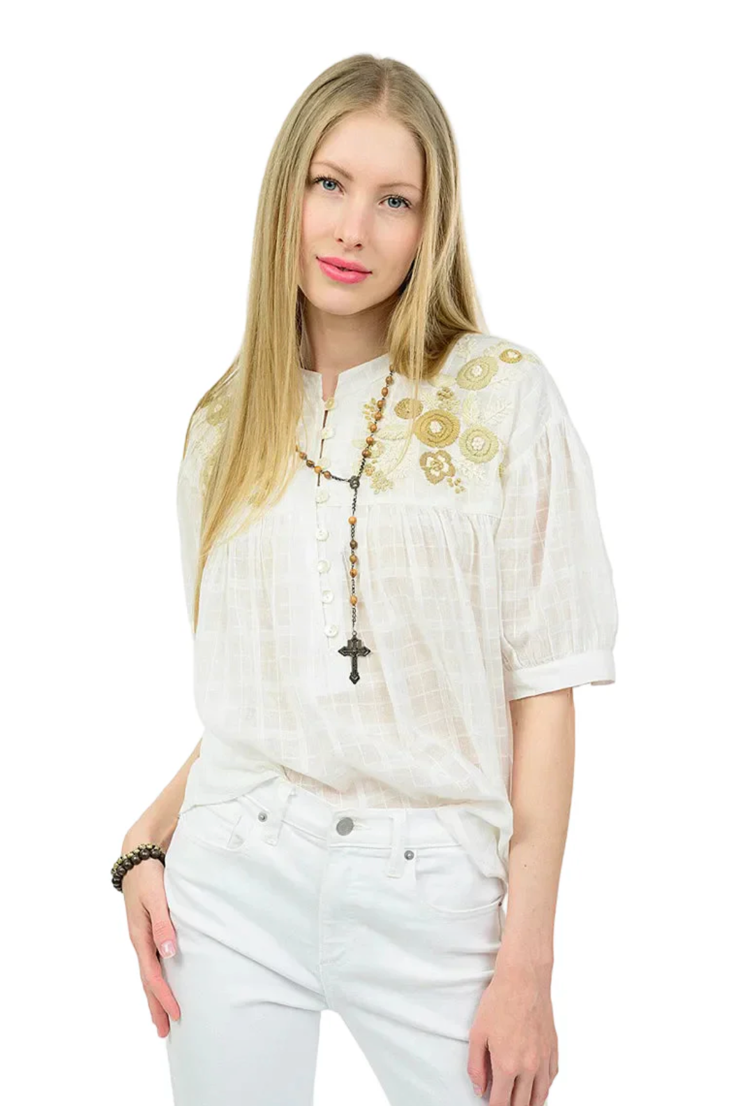 white top with taupe embroidery 