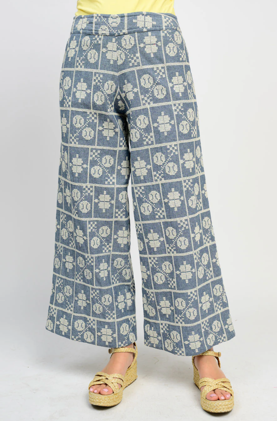 blue embroidered pants with elastic 