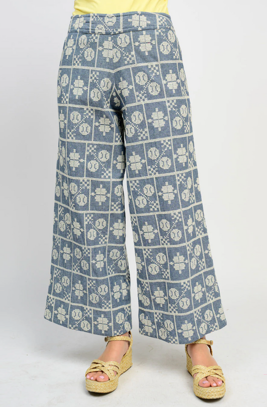 blue embroidered pants with elastic 
