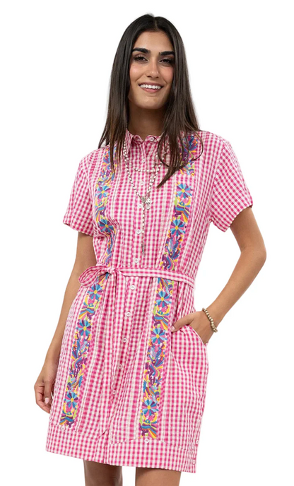 pink gingham dress with embroidered sides 