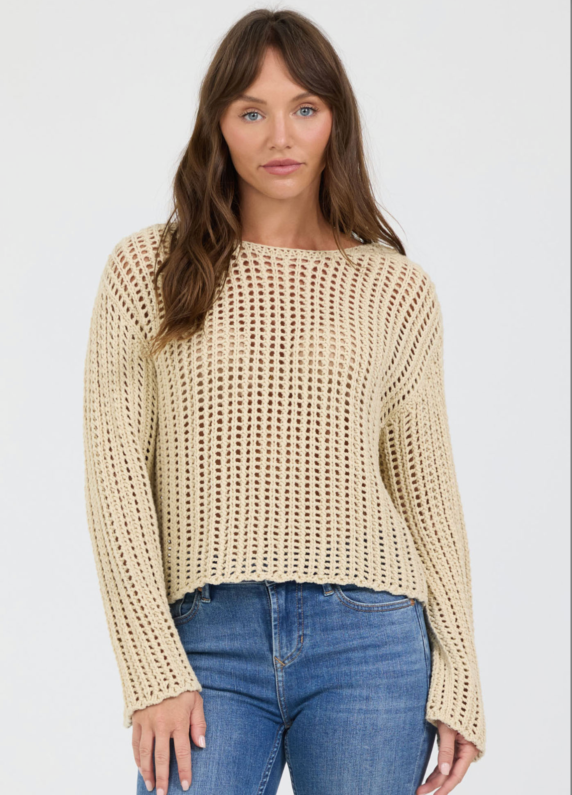 beige long sleeve open knit top 