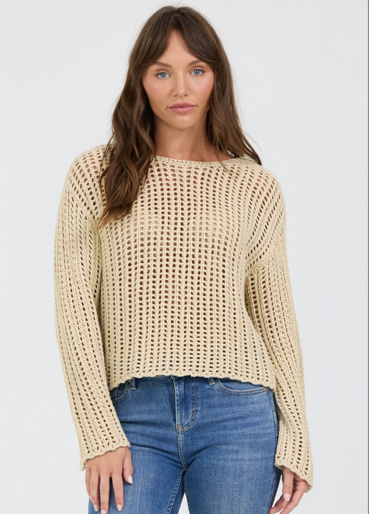beige long sleeve open knit top 